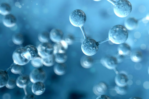 Molecule (atom) structure on blue background. Science concept. 3d render illustration